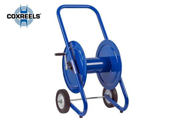 Blue, metal, spool, hose storage winder on wheels