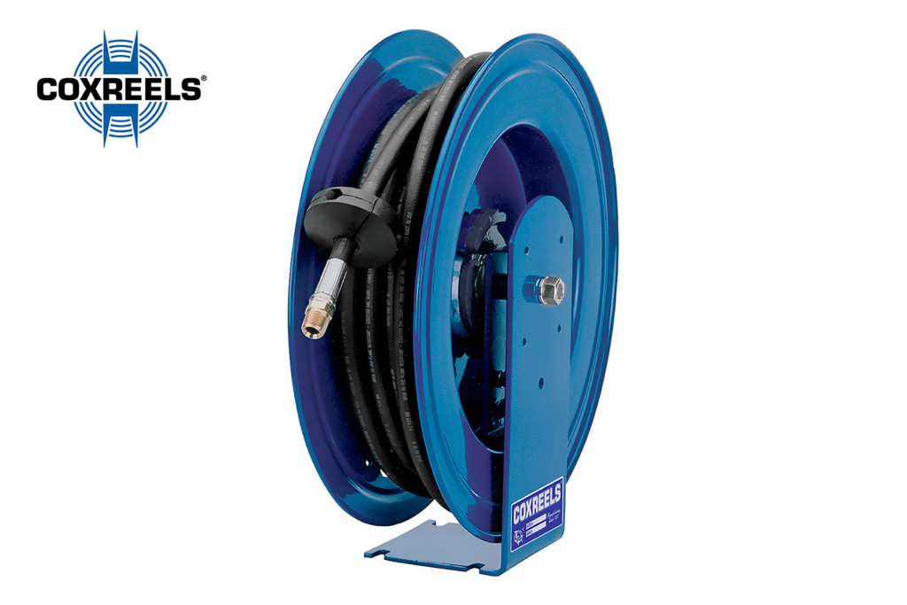 Blue, metal, spool, hose storage winder