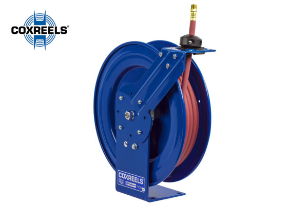 Blue, metal, spool, hose storage winder