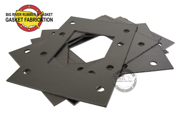 rectangle black graphite gasket with bolt holes and rectangle hole in center