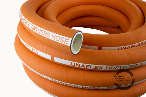 brewery hose, brewer hose, Unaflex, hose, This is an orange and white brewery hose,